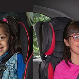 infant, preschool aged child, older child and youth all safely buckled. 